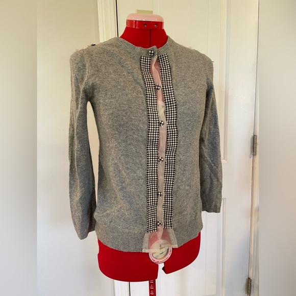 Anthropologie Gray Wool Cashmere Houndstooth Trimmed Cardigan - Picture 1 of 11